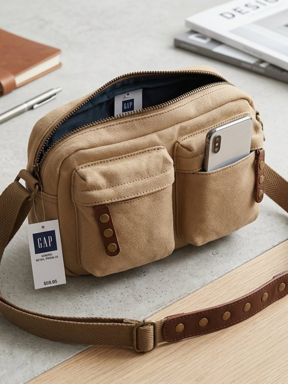 NWT Gap Shoulder Crossbody Messenger Bag 100% Cow Leather/Cotton Layers Pockets